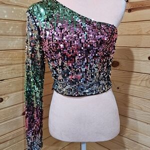 Sequin One-Shoulder Top - Multicolor